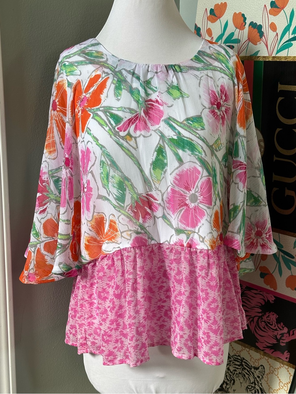 Cupio Blush Floral Ruffle Peasant Blouse Beach Tropical Cottagecore Cruise
